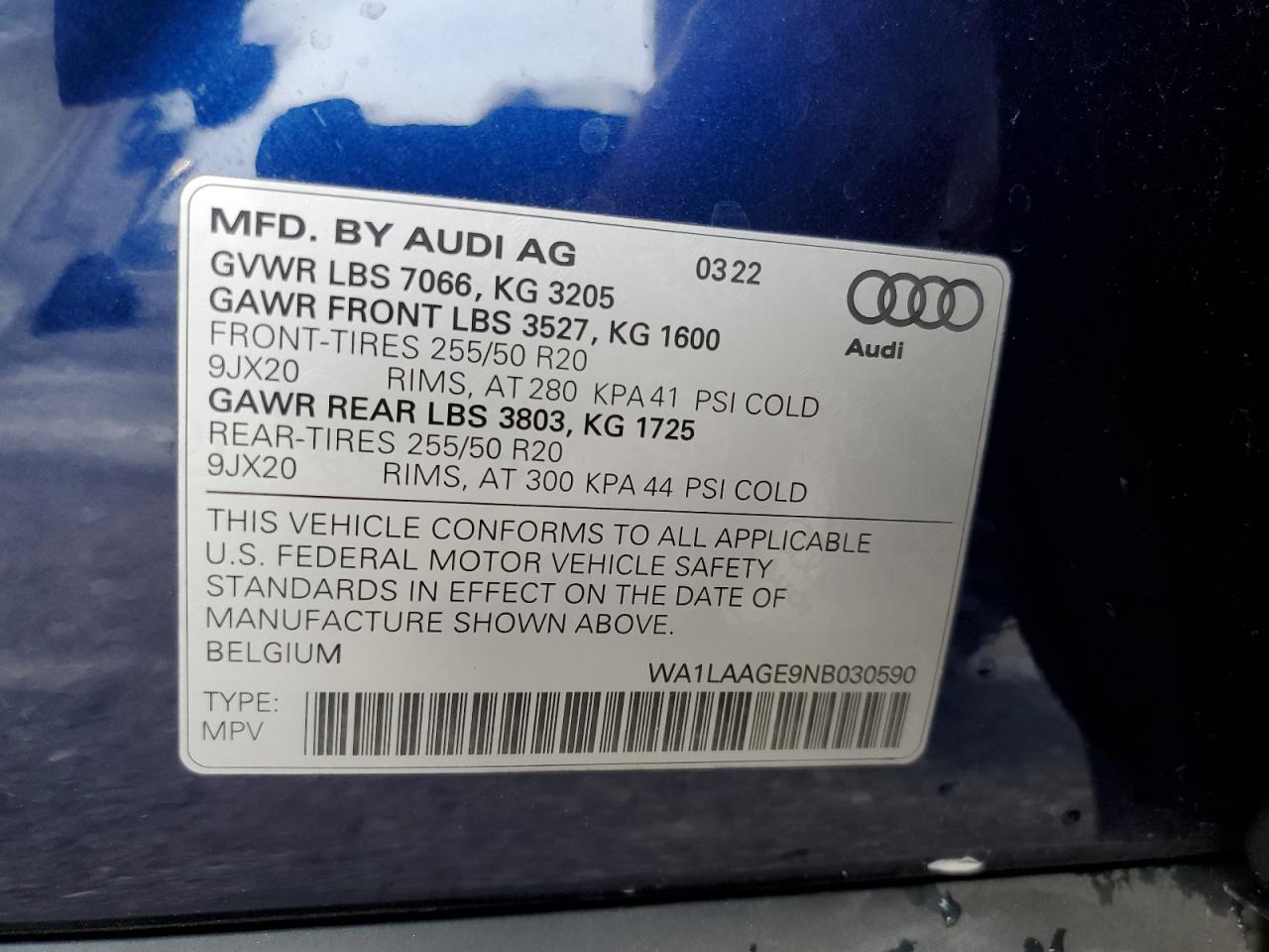 2022 AUDI E-TRON PREMIUM PLUS VIN:WA1LAAGE9NB030590