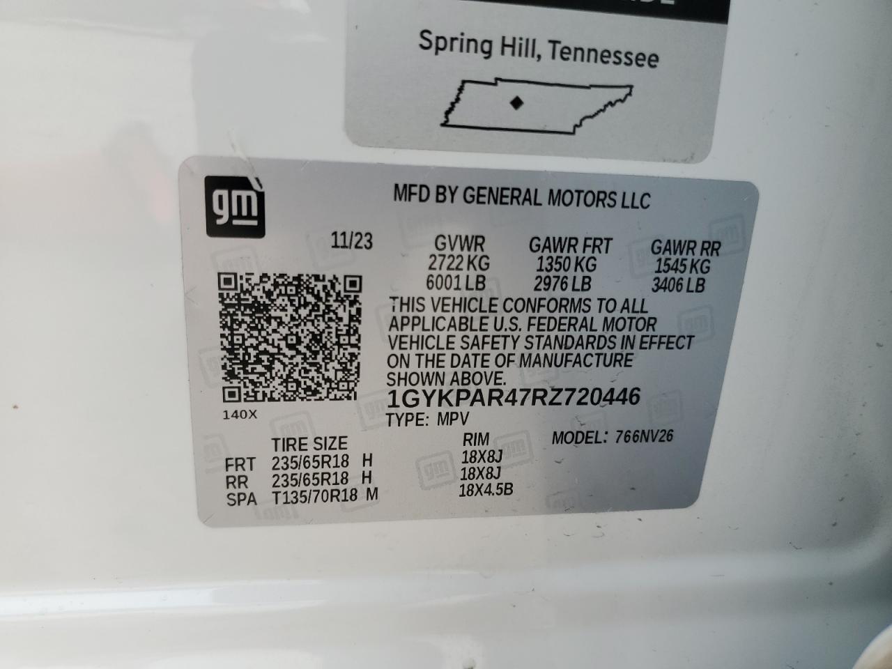 2024 CADILLAC XT6 LUXURY VIN:1GYKPAR47RZ720446