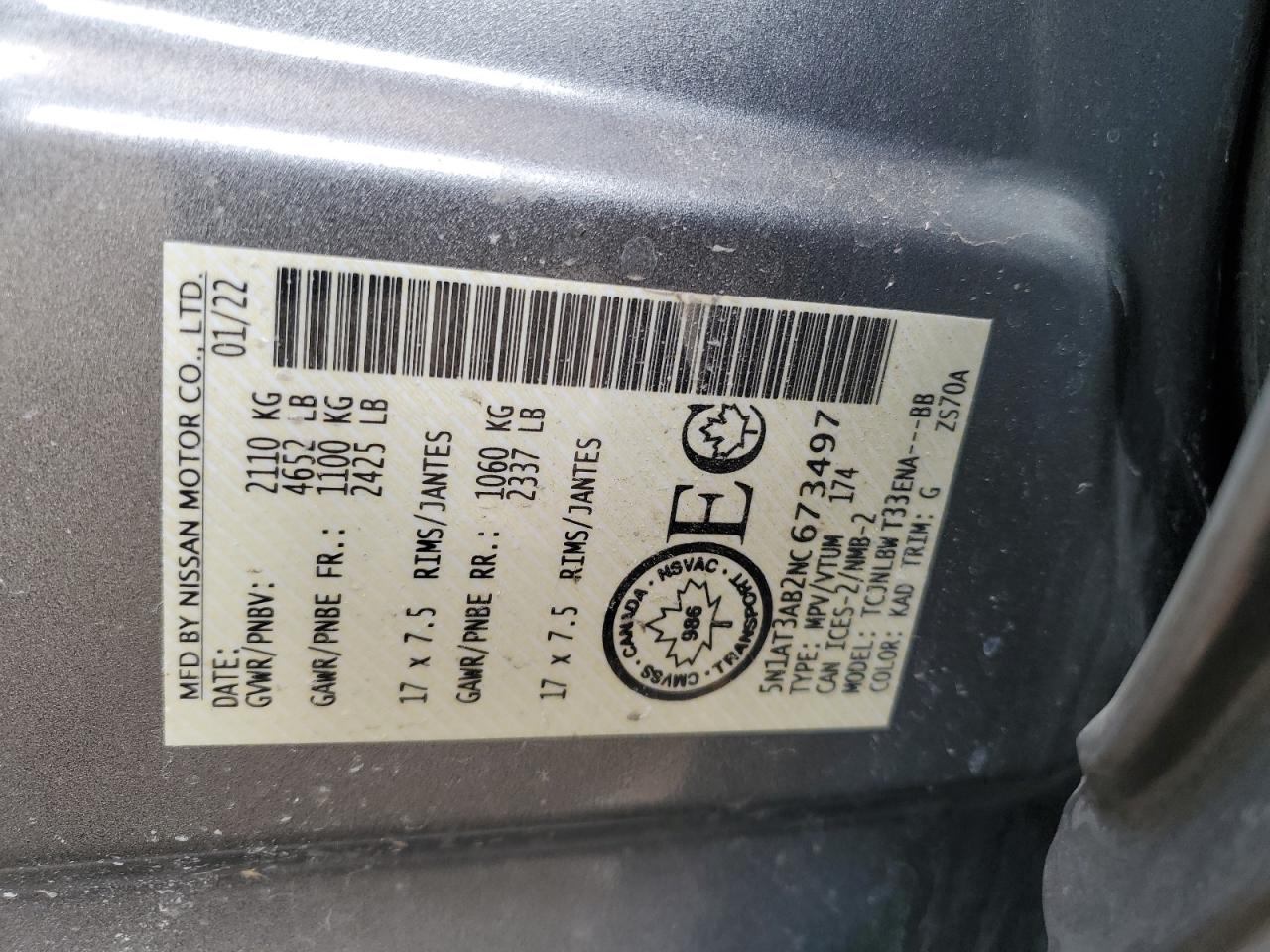 2022 NISSAN ROGUE S VIN:5N1AT3AB2NC673497
