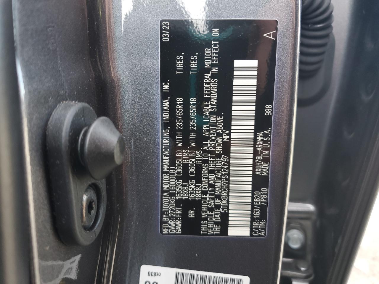 2023 TOYOTA HIGHLANDER HYBRID XLE VIN:5TDKBRCH7PS124797