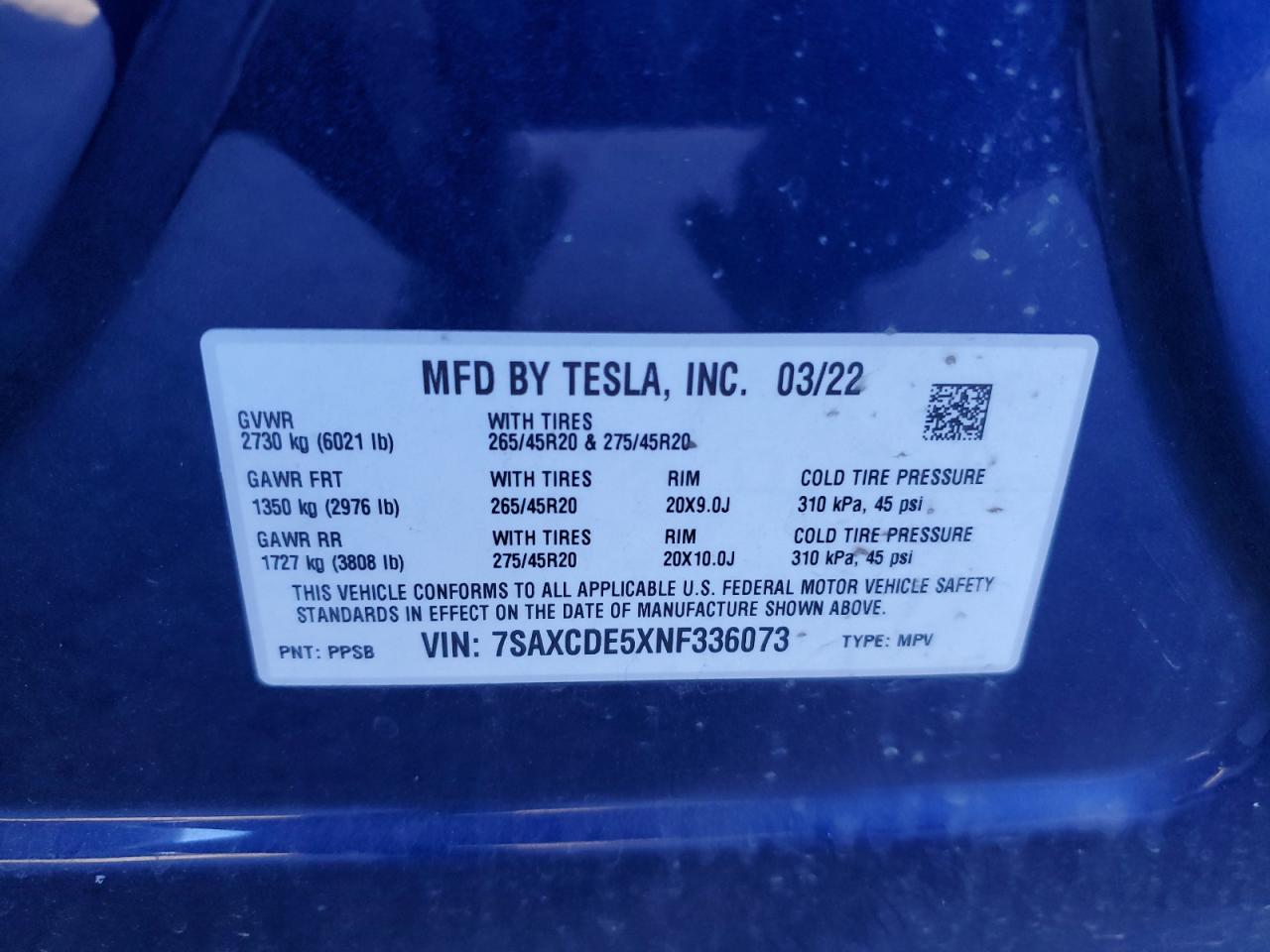 2022 TESLA MODEL X  VIN:1FMCU0DG8CKA47290