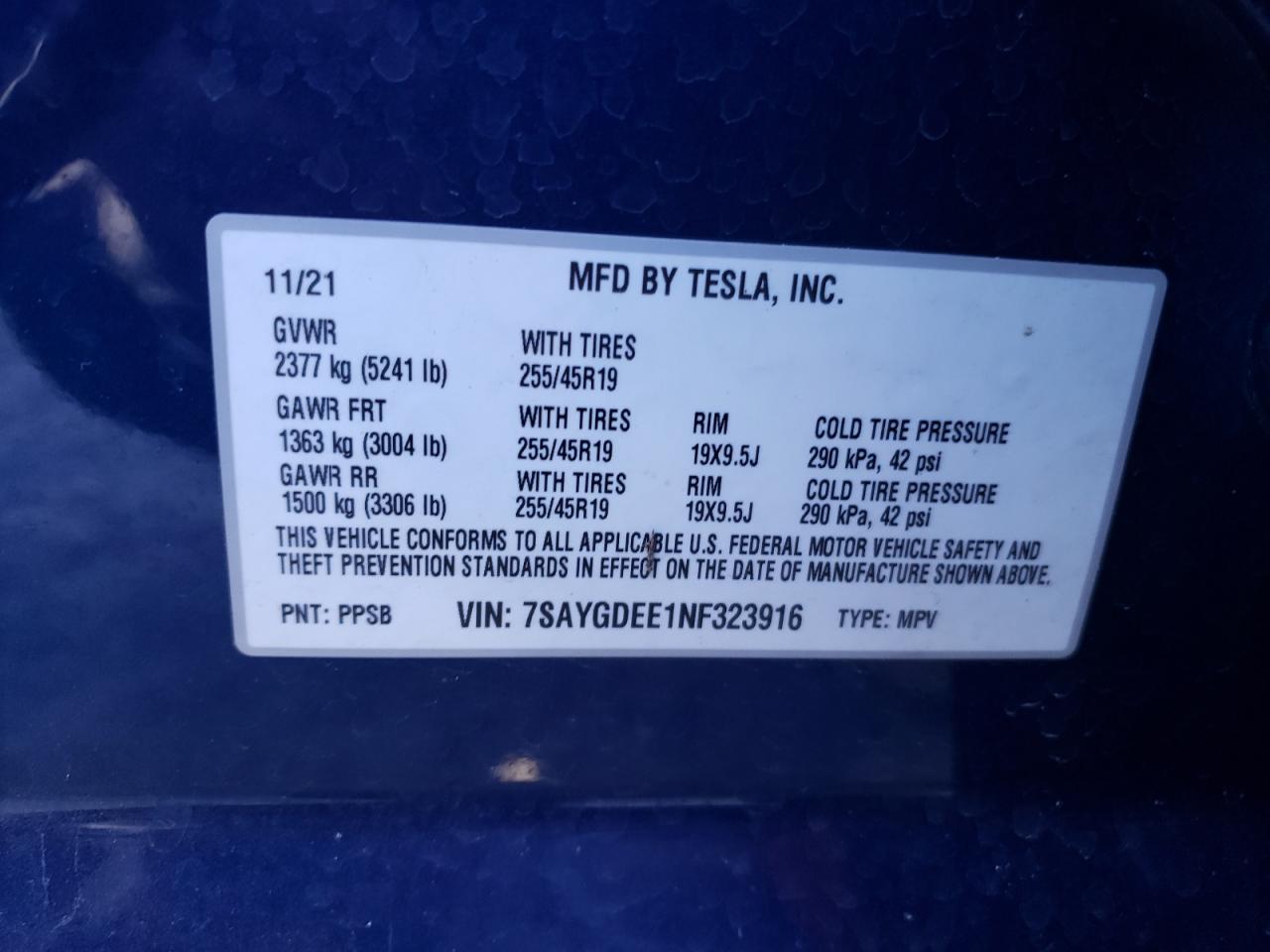 2022 TESLA MODEL Y  VIN:7SAYGDEE1NF323916