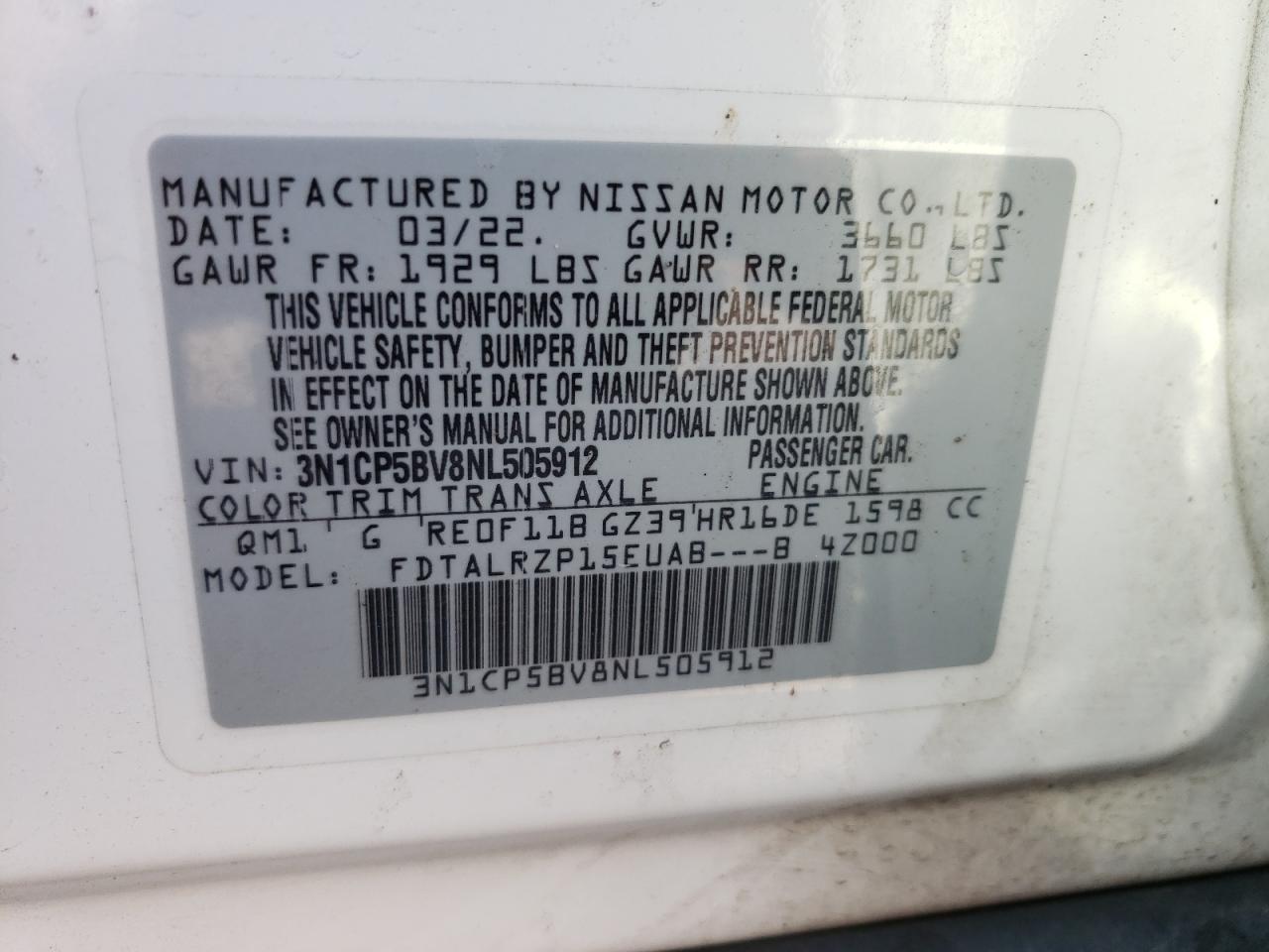 2022 NISSAN KICKS S VIN:3N1CP5BV8NL505912