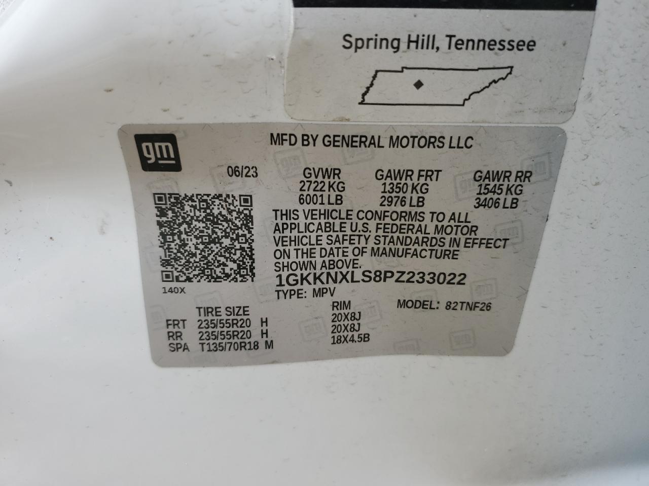 2023 GMC ACADIA DENALI VIN:1GKKNXLS8PZ233022