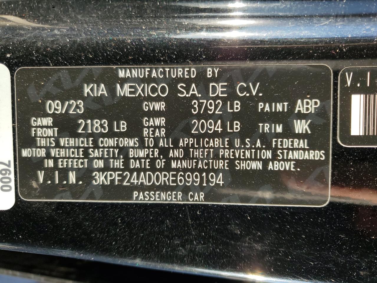 2024 KIA FORTE LX VIN:3KPF24AD0RE699194