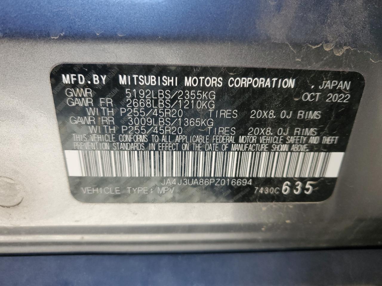 2023 MITSUBISHI OUTLANDER SE VIN:JA4J3UA86PZ016694