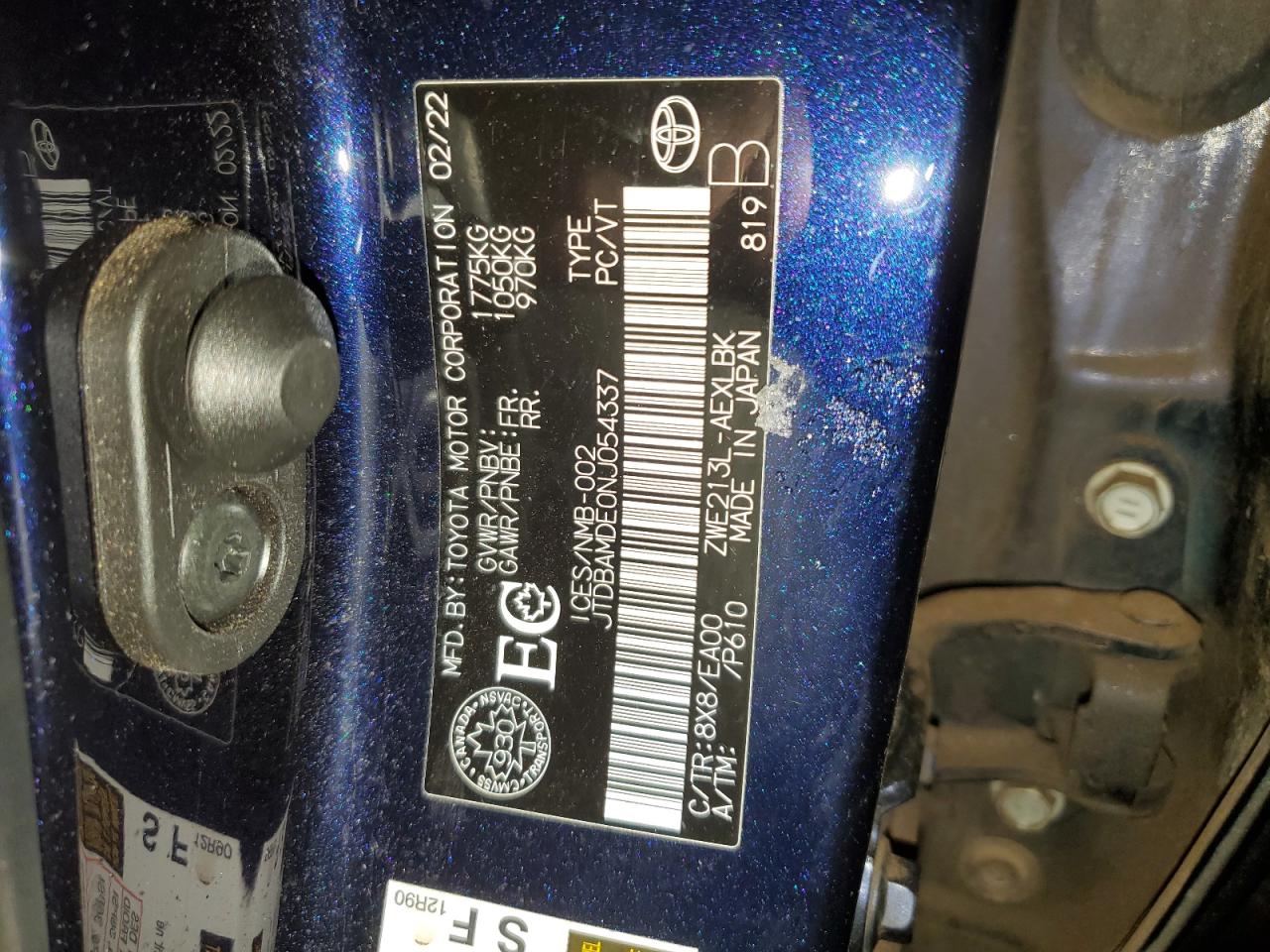 2022 TOYOTA COROLLA  VIN:JTDBAMDE0NJ054337