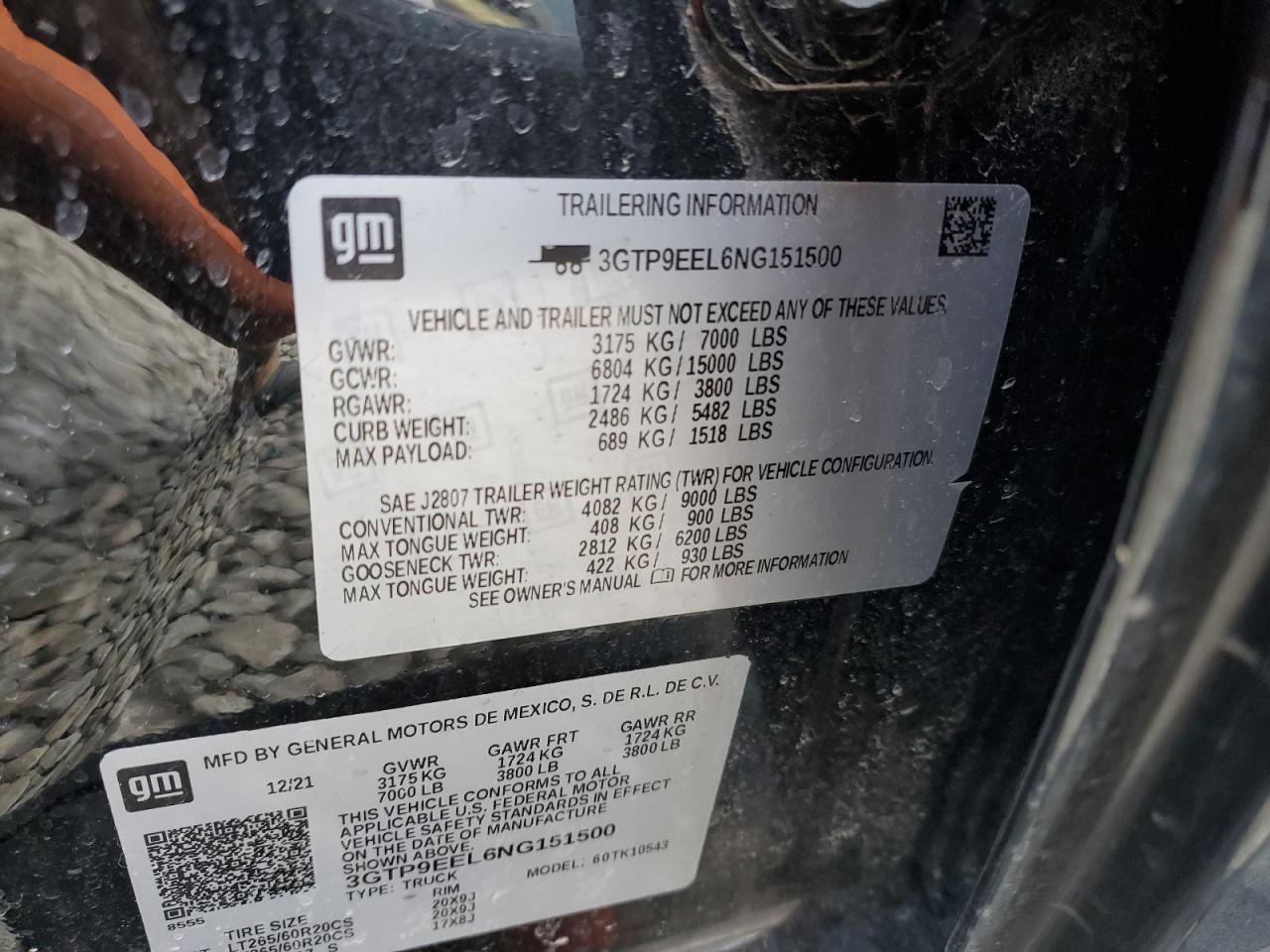 2022 GMC SIERRA LIMITED K1500 AT4 VIN:3GTP9EEL6NG151500
