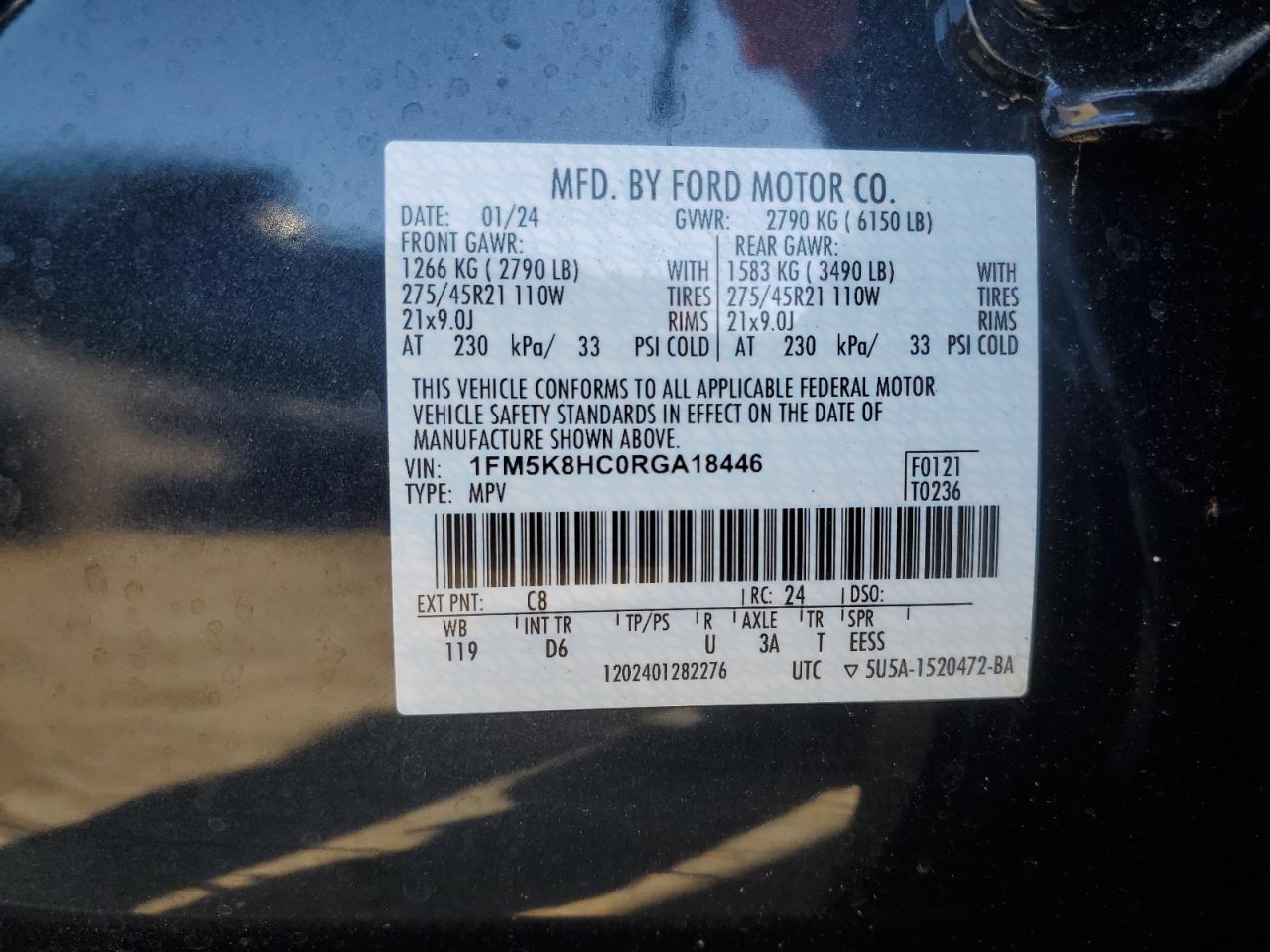 2024 FORD EXPLORER PLATINUM VIN:1FM5K8HC0RGA18446