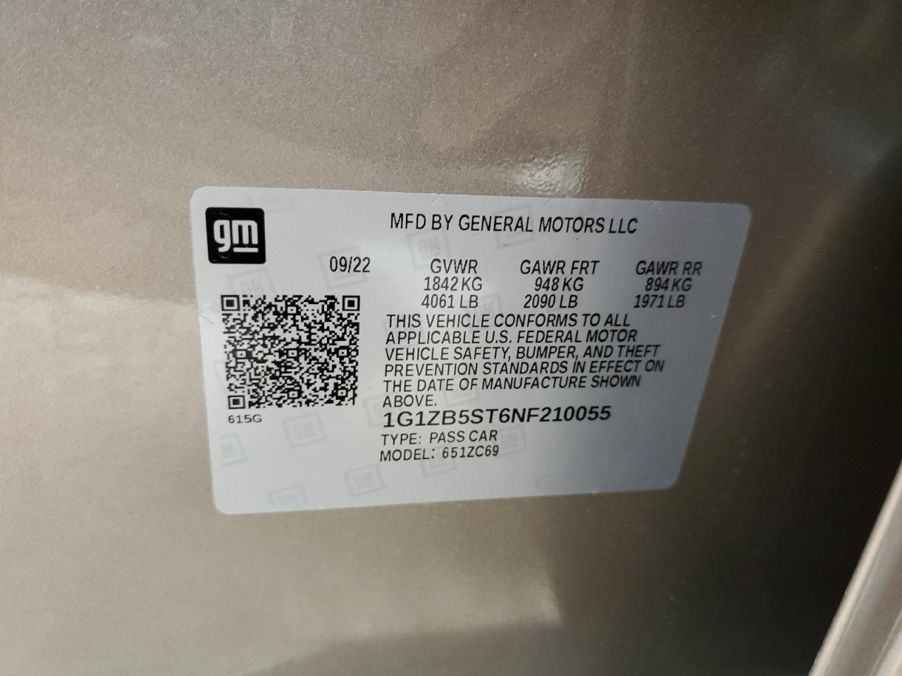 2022 CHEVROLET MALIBU LS VIN:1G1ZB5ST6NF210055