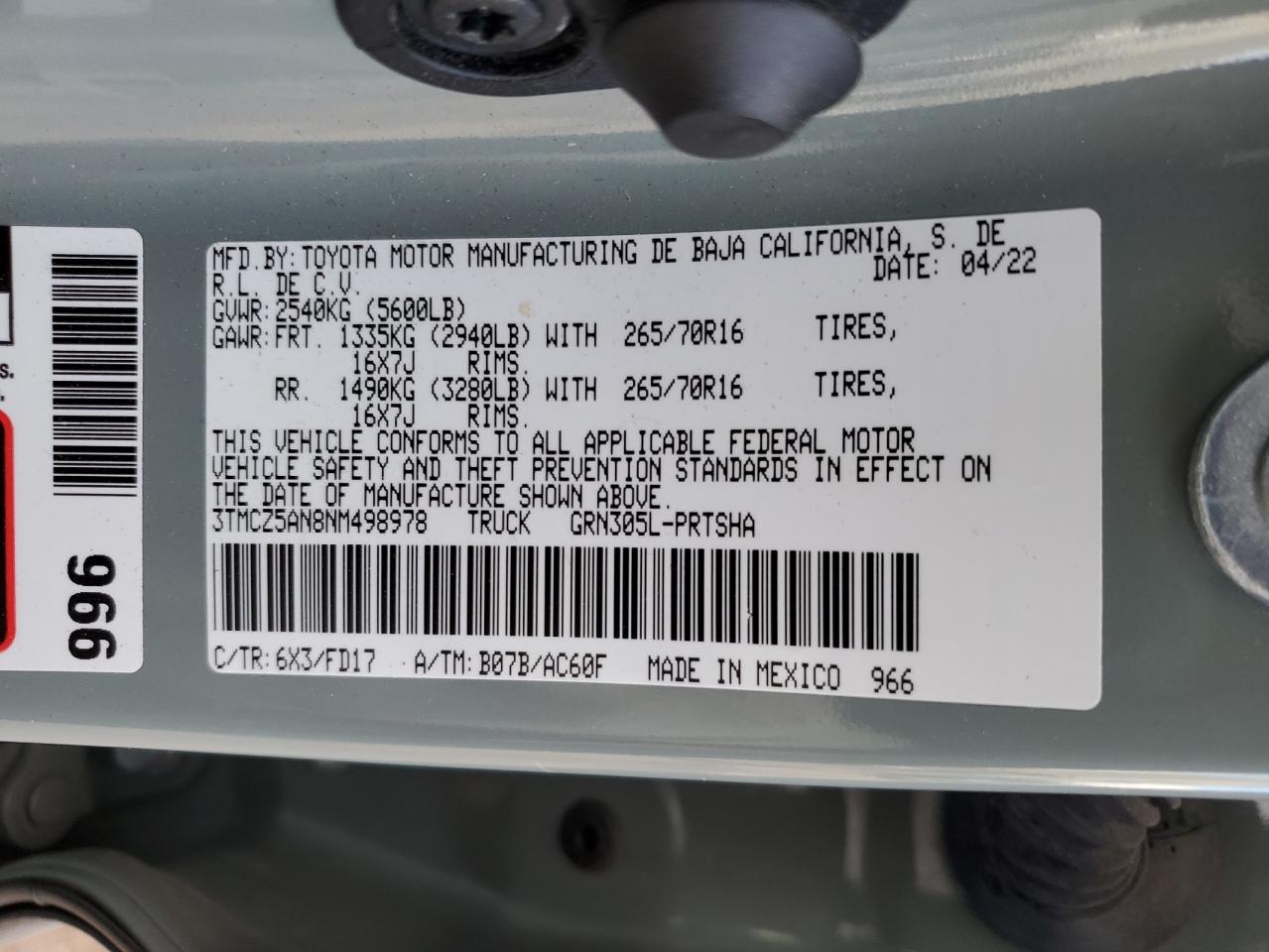 2022 TOYOTA TACOMA DOUBLE CAB VIN:3TMCZ5AN8NM498978