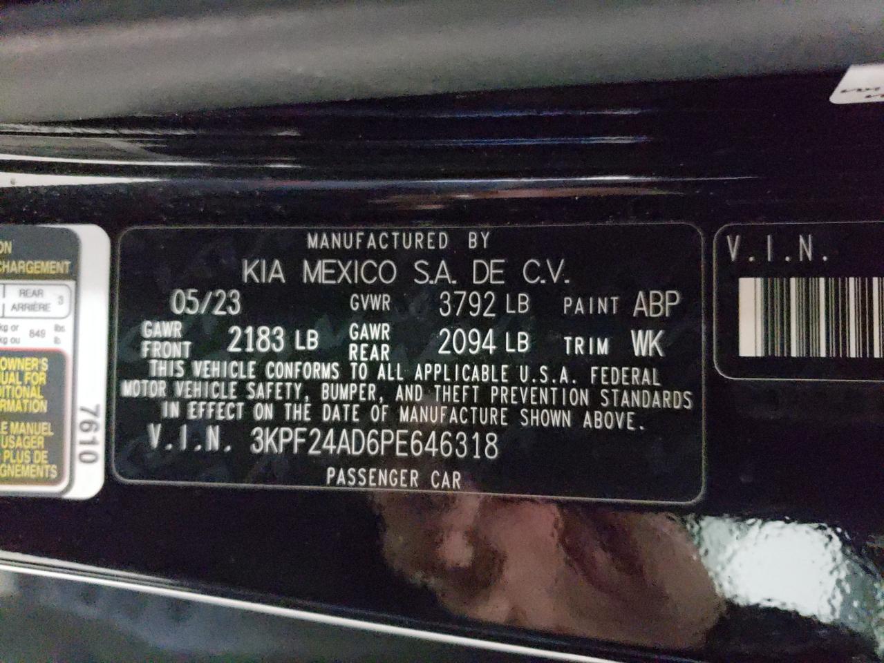 2023 KIA FORTE LX VIN:3KPF24AD6PE646318