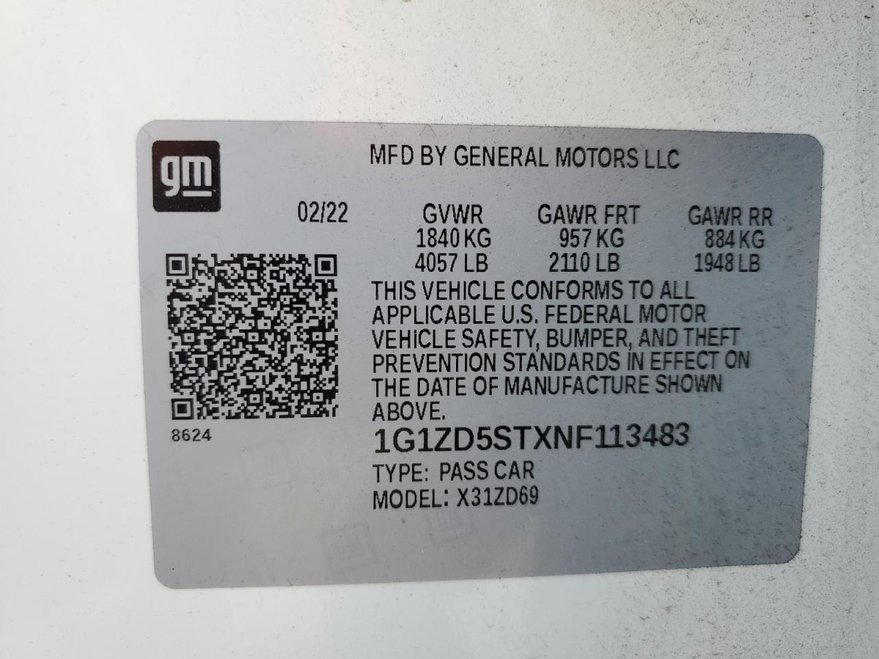 2022 CHEVROLET MALIBU LT VIN:1G1ZD5STXNF113483