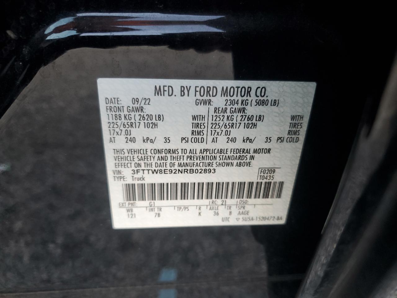 2022 FORD MAVERICK XL VIN:3FTTW8E92NRB02893