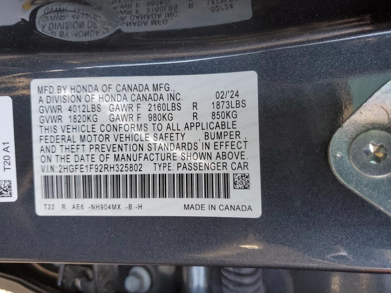 2024 HONDA CIVIC TOURING VIN:2HGFE1F92RH325802