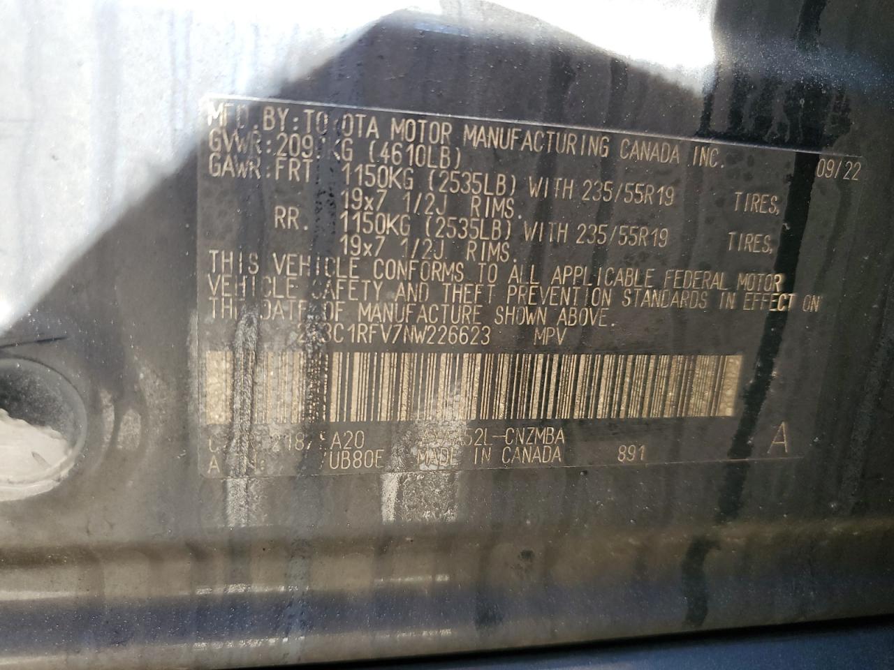 2022 TOYOTA RAV4 XLE PREMIUM VIN:2T3C1RFV7NW226623