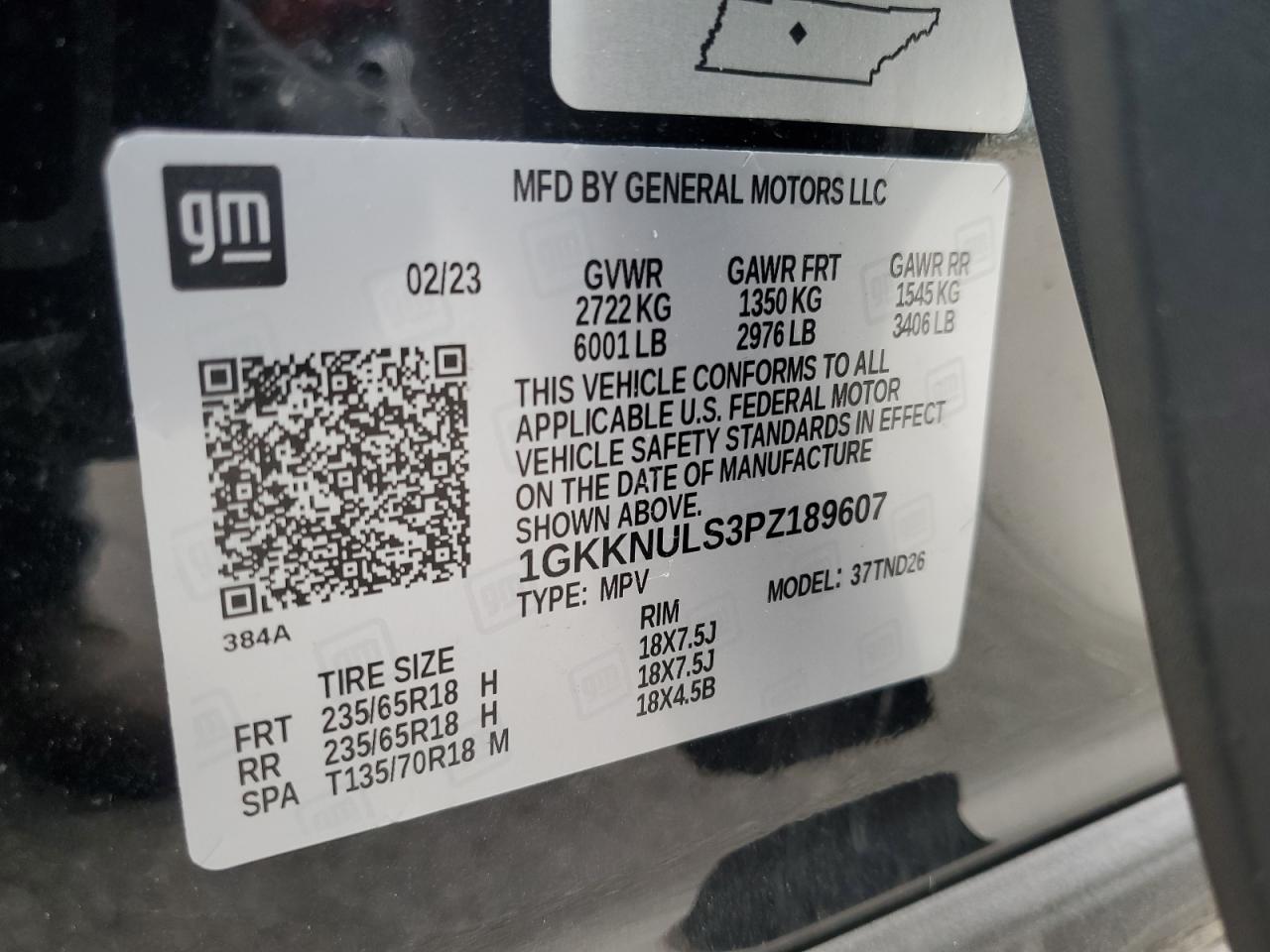 2023 GMC ACADIA SLT VIN:1GKKNULS3PZ189607