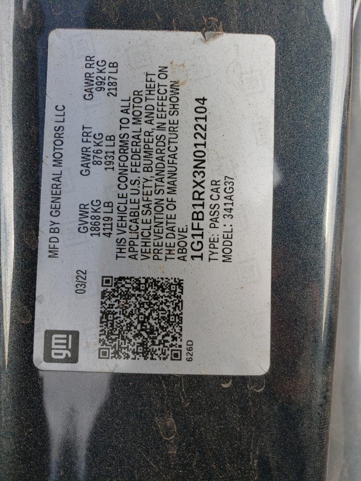 2022 CHEVROLET CAMARO LS VIN:1G1FB1RX3N0122104