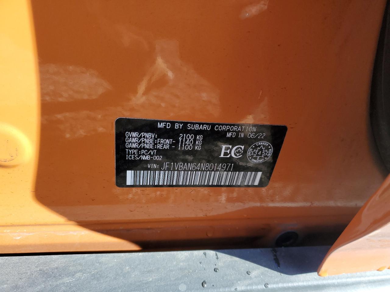 2022 SUBARU WRX LIMITED VIN:JF1VBAN64N8014971