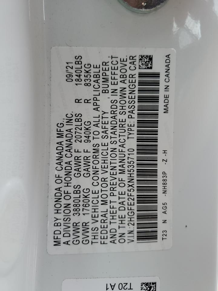 2022 HONDA CIVIC SPORT VIN:2HGFE2F5XNH535710