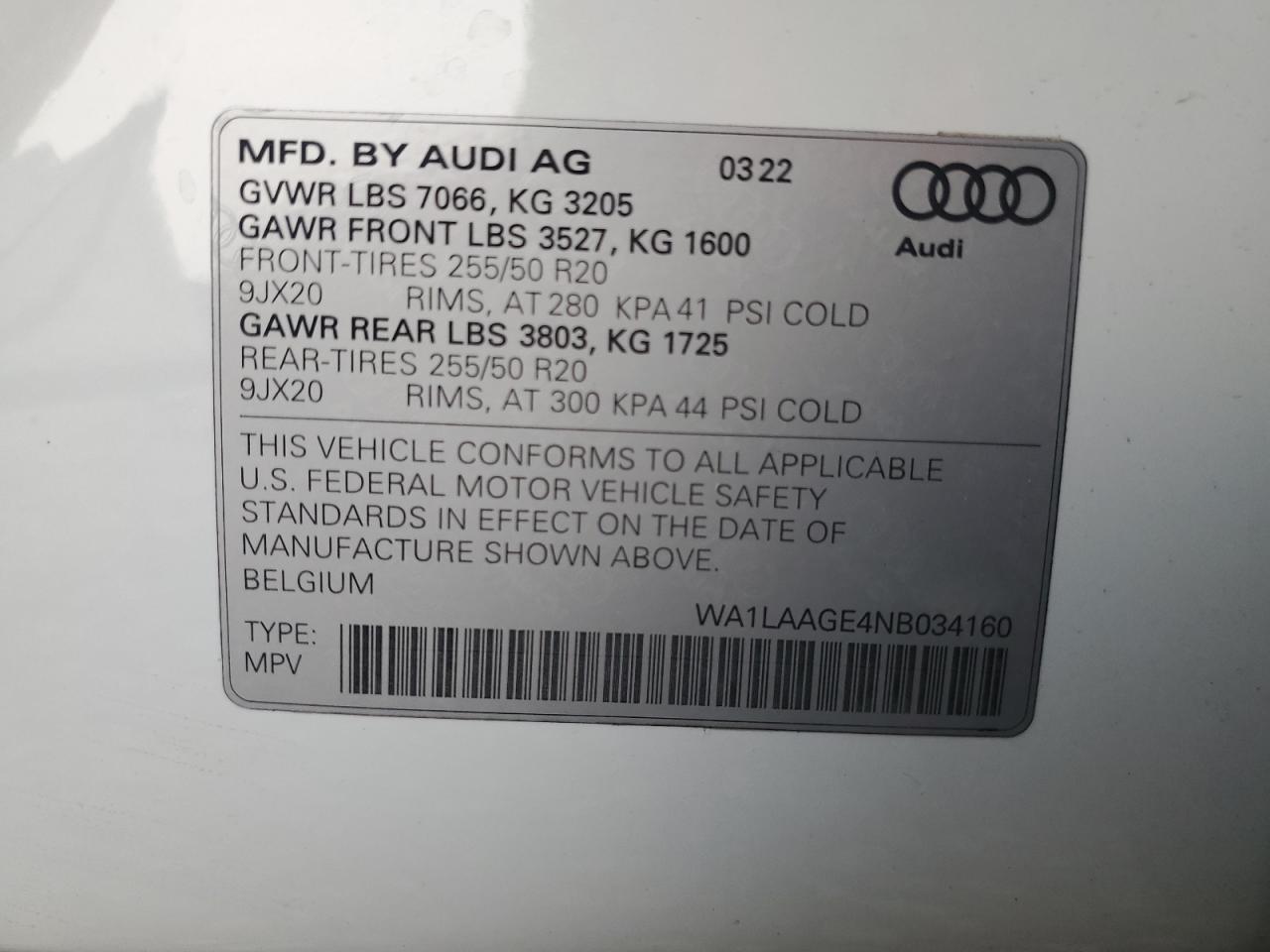 2022 AUDI E-TRON PREMIUM PLUS VIN:WA1LAAGE4NB034160