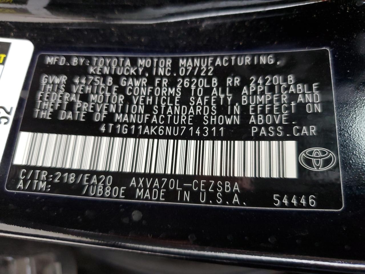 2022 TOYOTA CAMRY SE VIN:4T1G11AK6NU714311