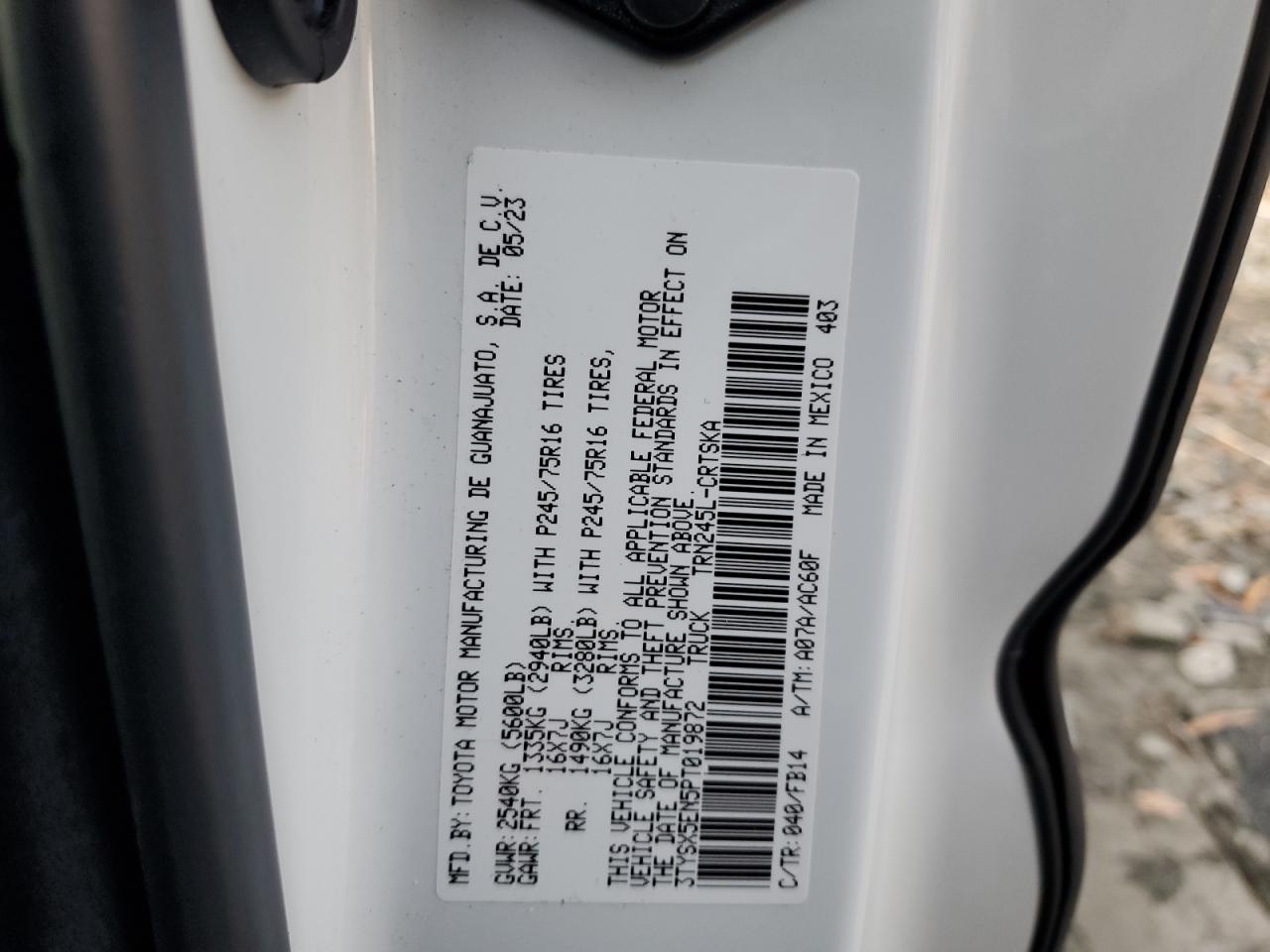 2023 TOYOTA TACOMA ACCESS CAB VIN:3TYSX5EN5PT019872