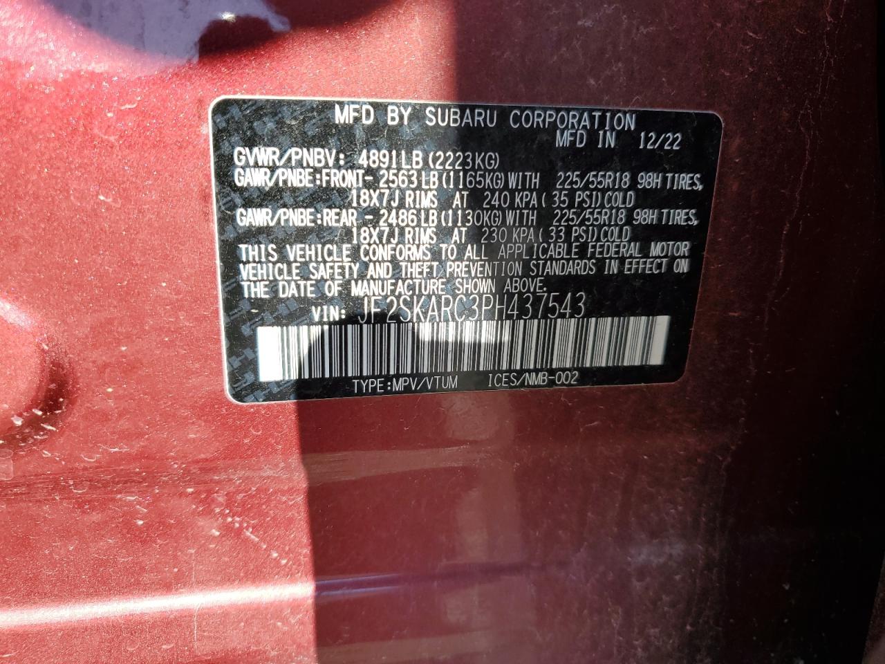 2023 SUBARU FORESTER TOURING VIN:JF2SKARC3PH437543