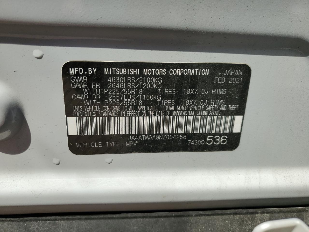 2022 MITSUBISHI ECLIPSE CROSS SE VIN:JA4ATWAA9NZ004258