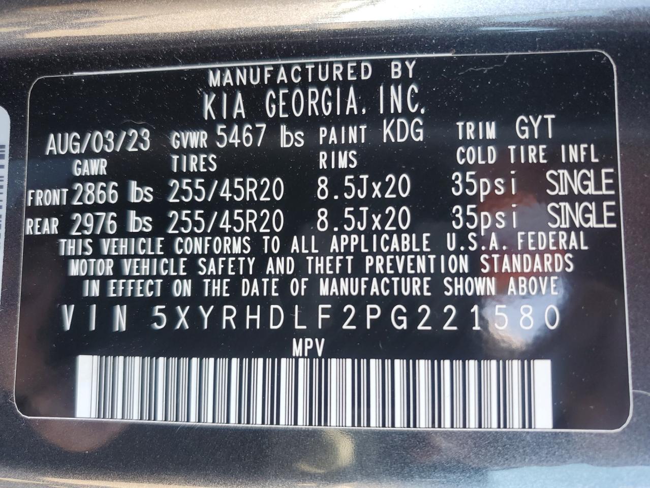 2023 KIA SORENTO EX VIN:5XYRHDLF2PG221580