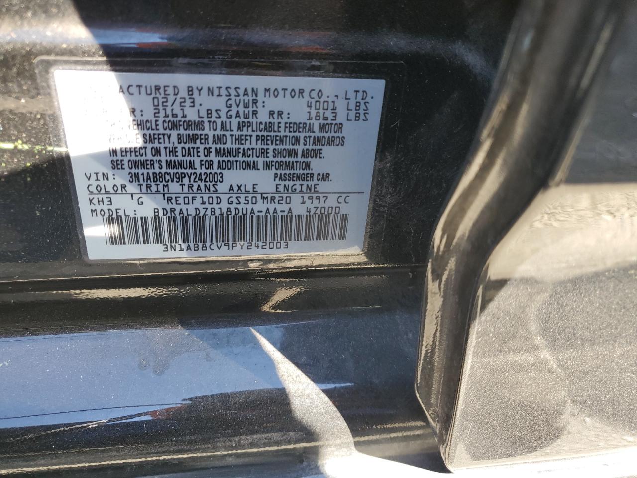 2023 NISSAN SENTRA SV VIN:WP0AA2A8XNS255297