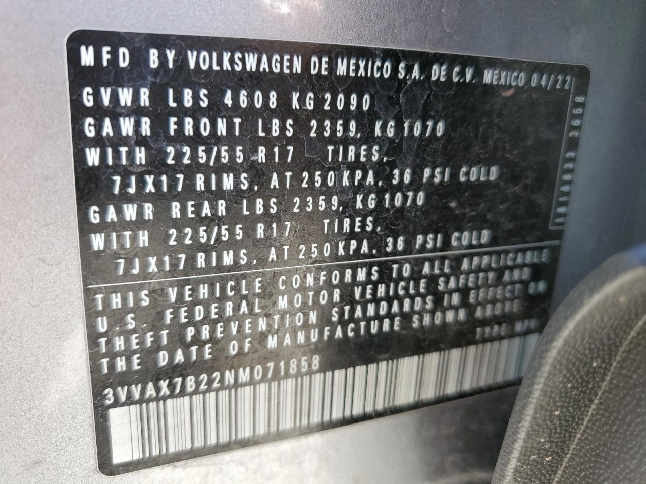 2022 VOLKSWAGEN TAOS S VIN:3VVAX7B22NM071858