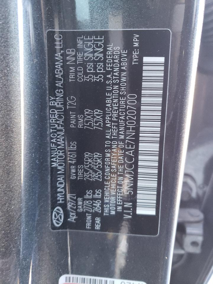2022 HYUNDAI TUCSON SEL VIN:5NMJCCAE7NH020700