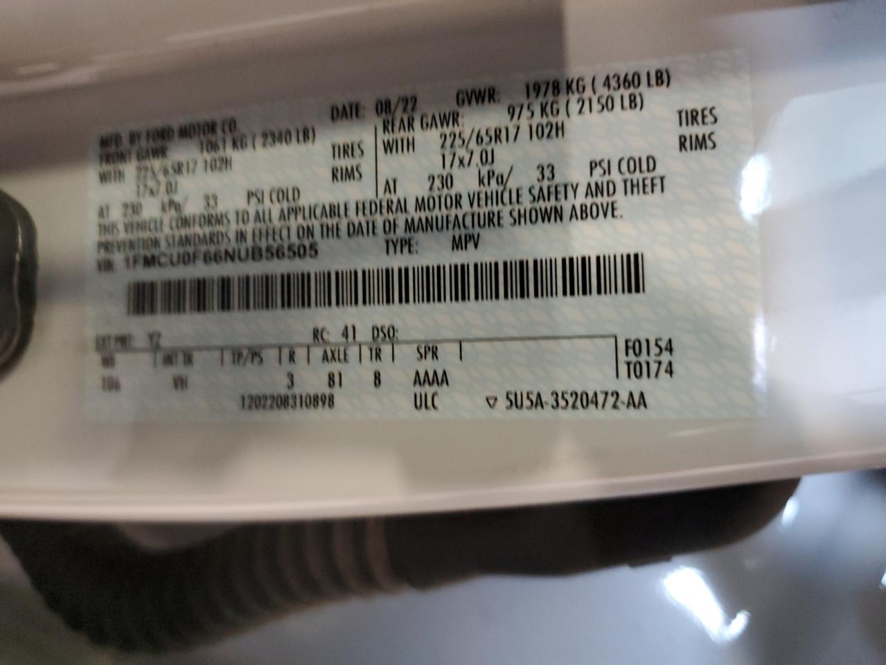 2022 FORD ESCAPE S VIN:1FMCU0F66NUB56505