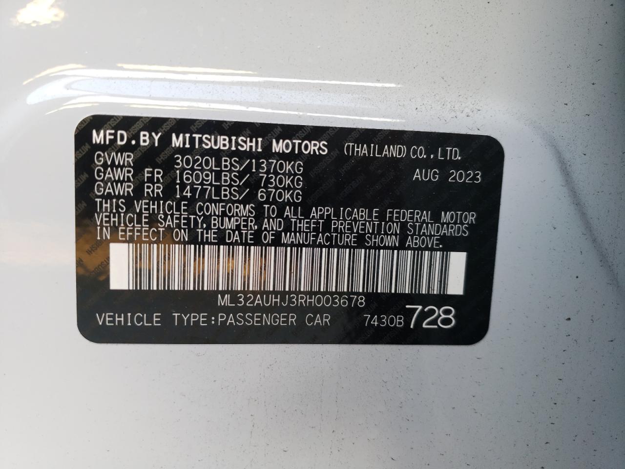 2024 MITSUBISHI MIRAGE ES VIN:ML32AUHJ3RH003678