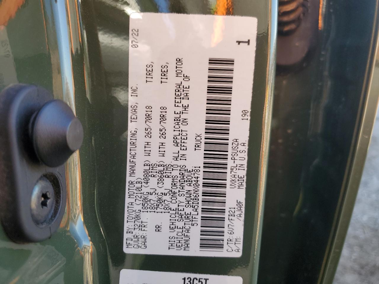 2022 TOYOTA TUNDRA CREWMAX SR VIN:5TFLA5DB6NX044781