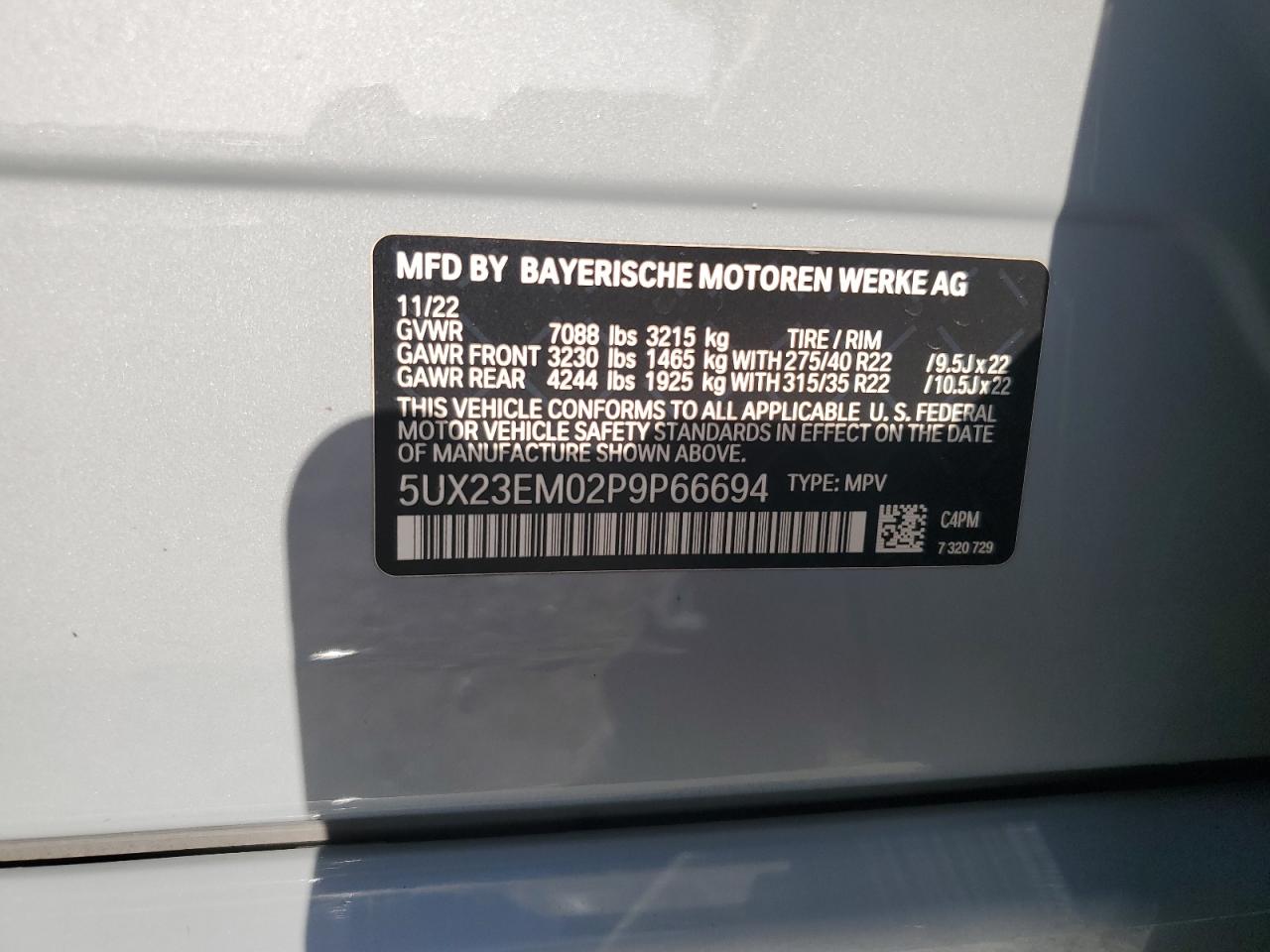 2023 BMW X7 XDRIVE40I VIN:5UX23EM02P9P66694