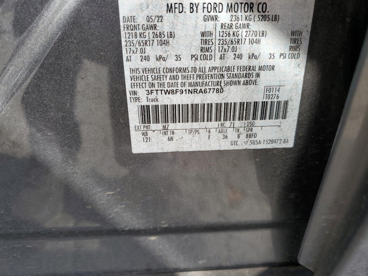 2022 FORD MAVERICK XL VIN:3FTTW8F91NRA67780