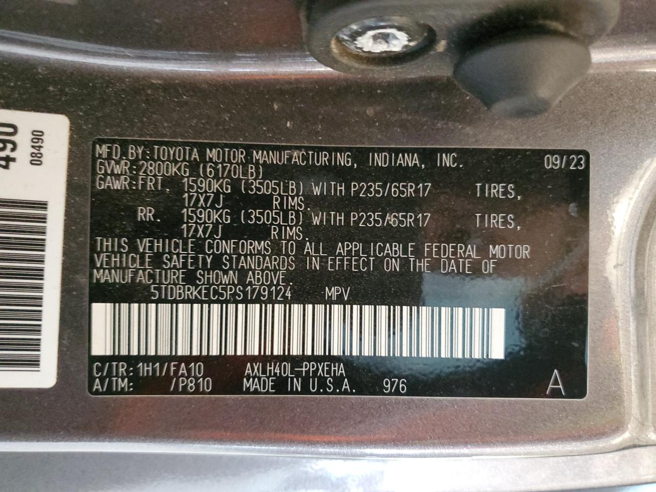 2023 TOYOTA SIENNA LE VIN:5TDBRKEC5PS179124