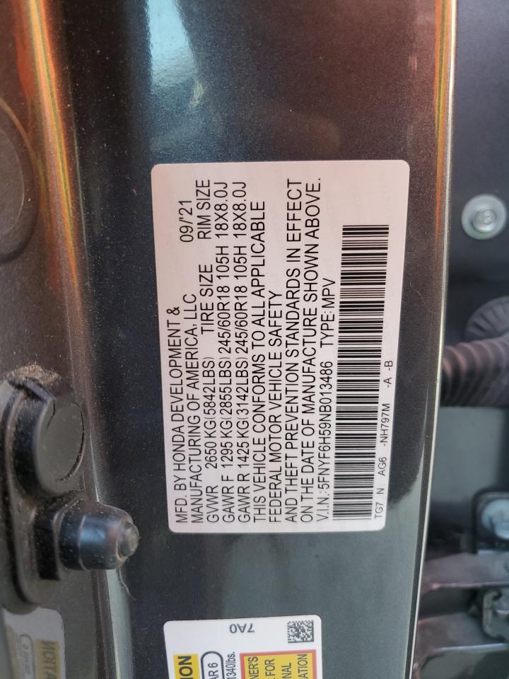 2022 HONDA PILOT EXL VIN:5FNYF6H59NB013486