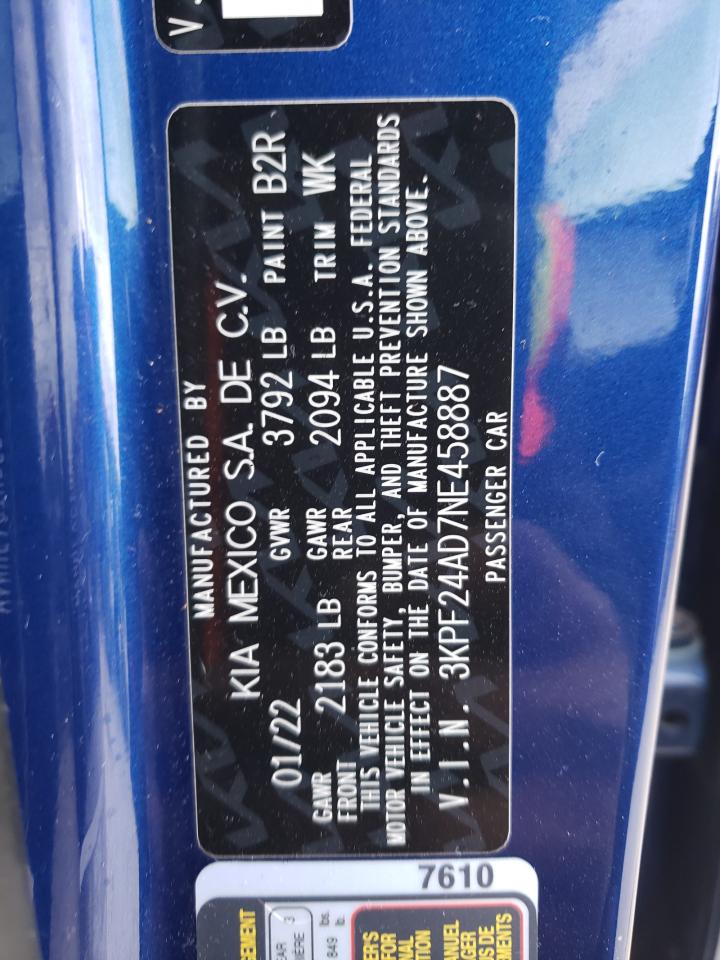 2022 KIA FORTE FE VIN:3KPF24AD7NE458887