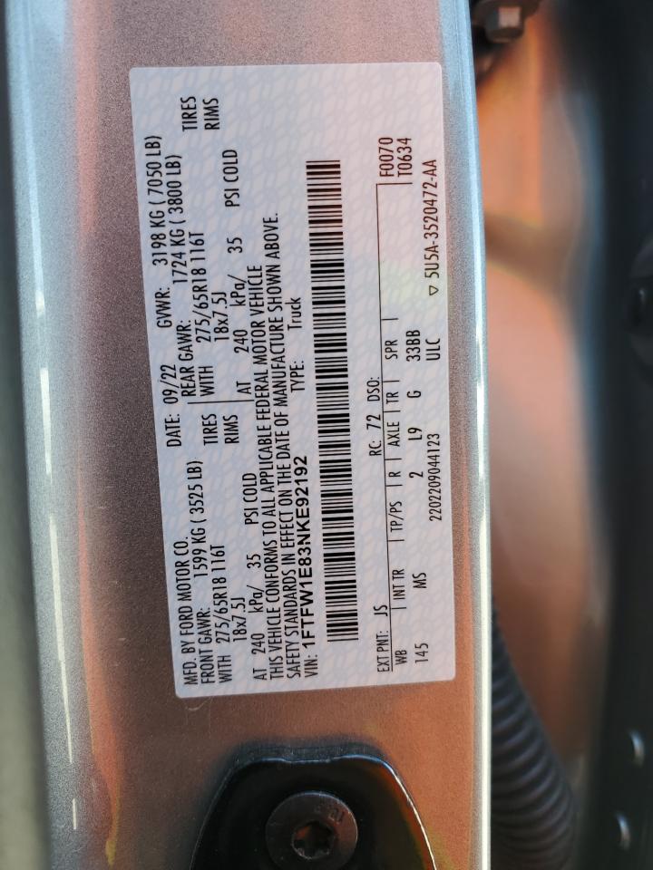 2022 FORD F150 SUPERCREW VIN:1FTFW1E83NKE92192