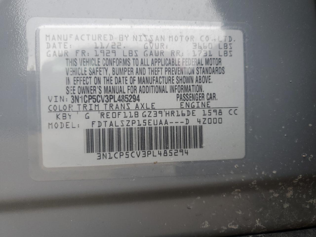 2023 NISSAN KICKS SV VIN:3N1CP5CV3PL485294