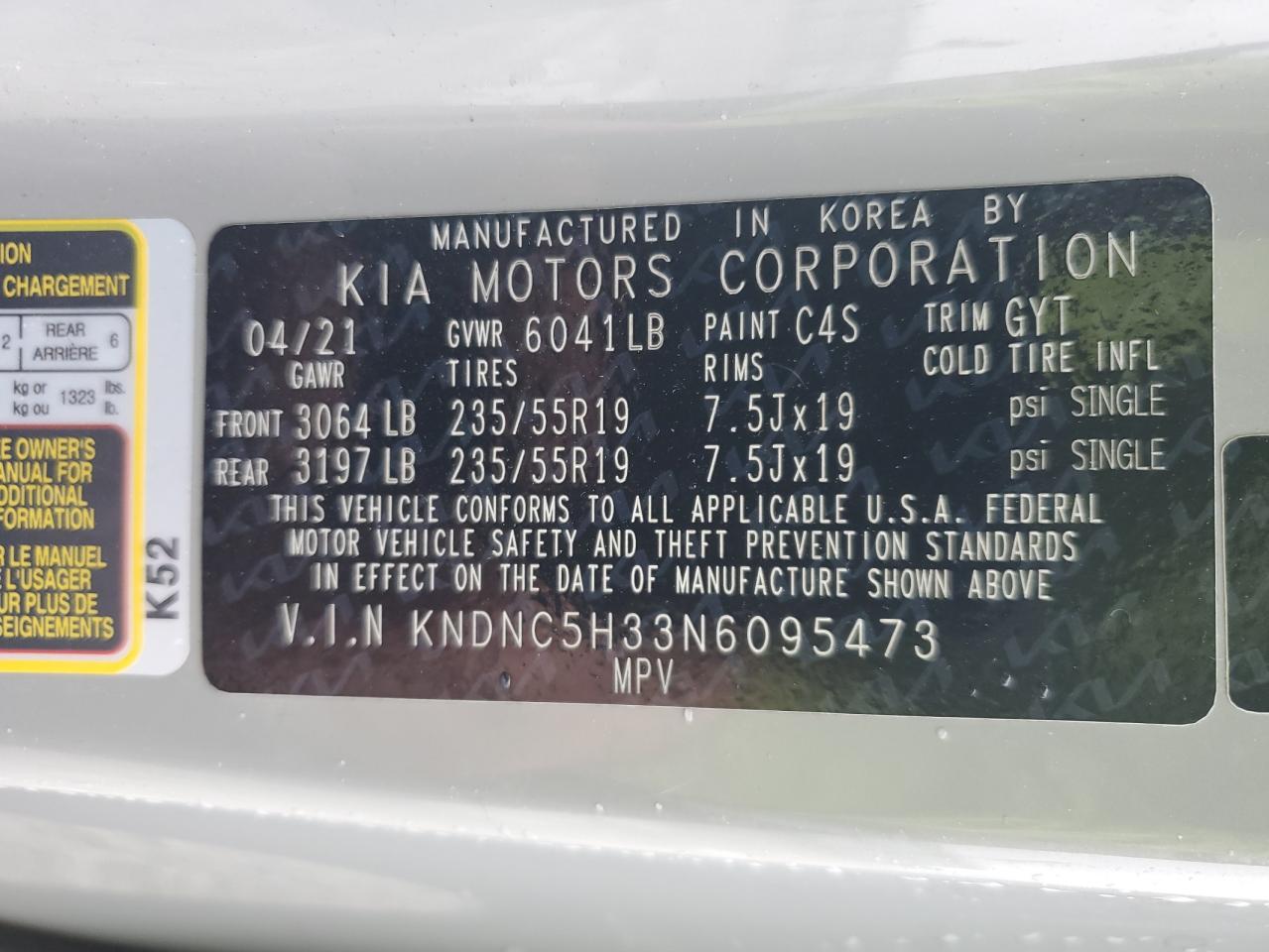 2022 KIA CARNIVAL EX VIN:KNDNC5H33N6095473