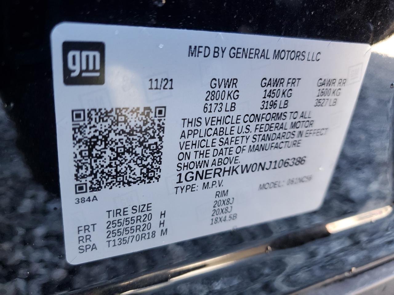 2022 CHEVROLET TRAVERSE LT VIN:1GNERHKW0NJ106386