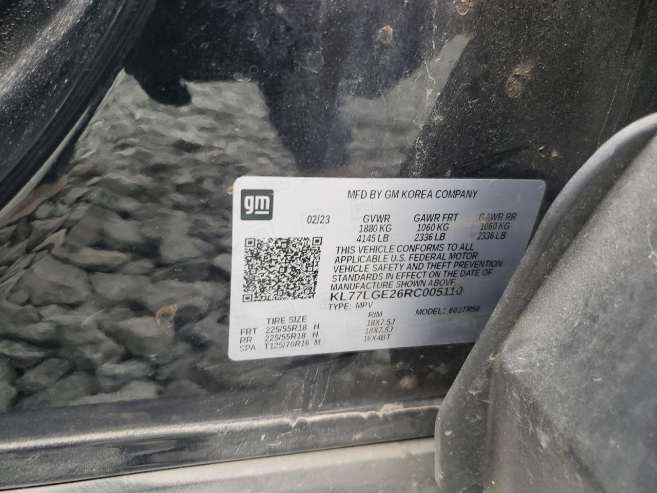 2024 CHEVROLET TRAX 1RS VIN:KL77LGE26RC005110