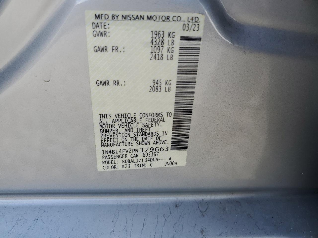 2023 NISSAN ALTIMA SL VIN:1N4BL4EV2PN379663