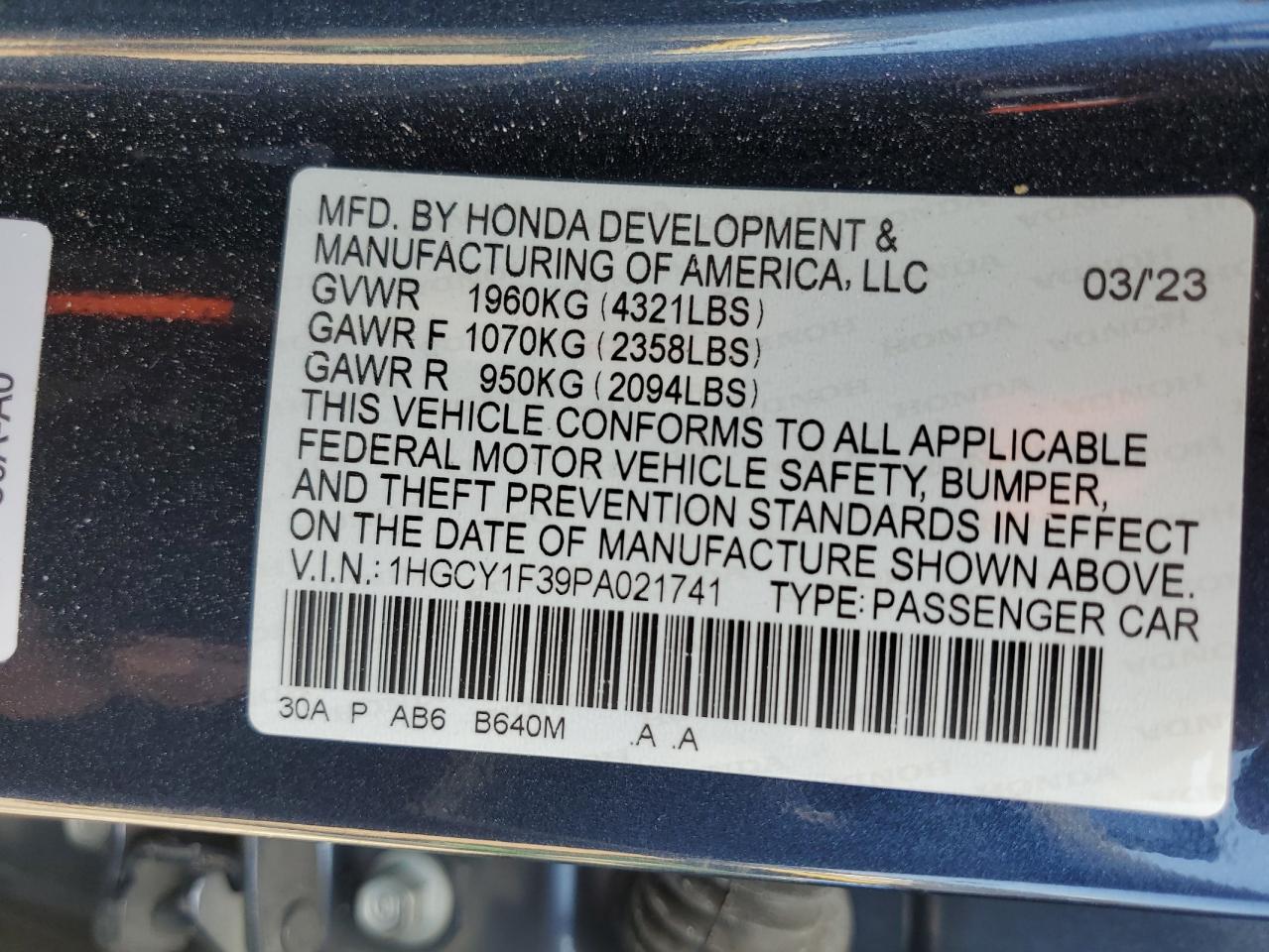 2023 HONDA ACCORD EX VIN:1HGCY1F39PA021741
