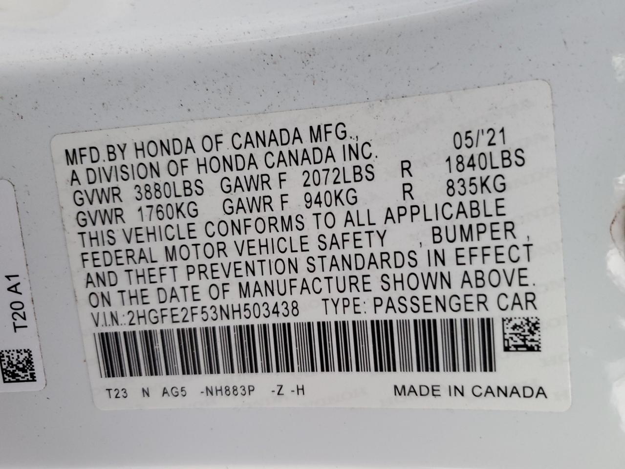 2022 HONDA CIVIC SPORT VIN:2HGFE2F53NH503438