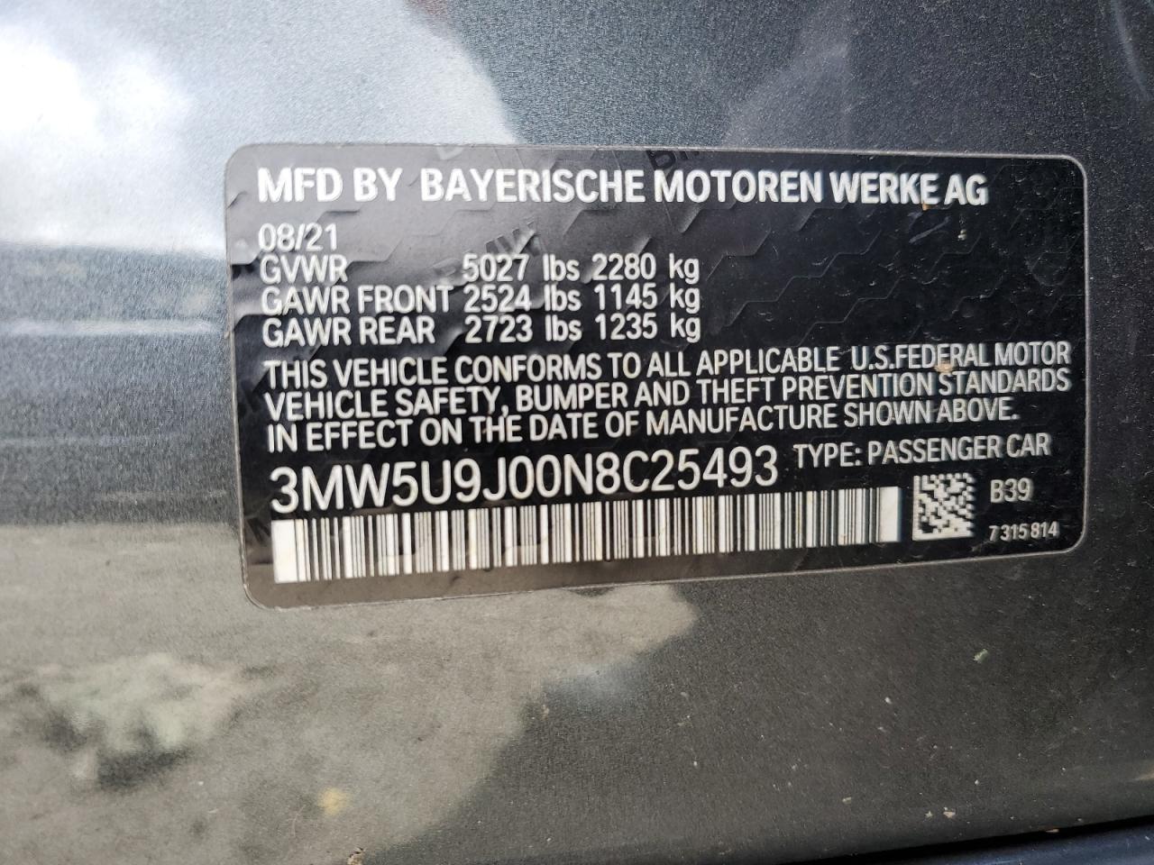 2022 BMW M340XI  VIN:3MW5U9J00N8C25493